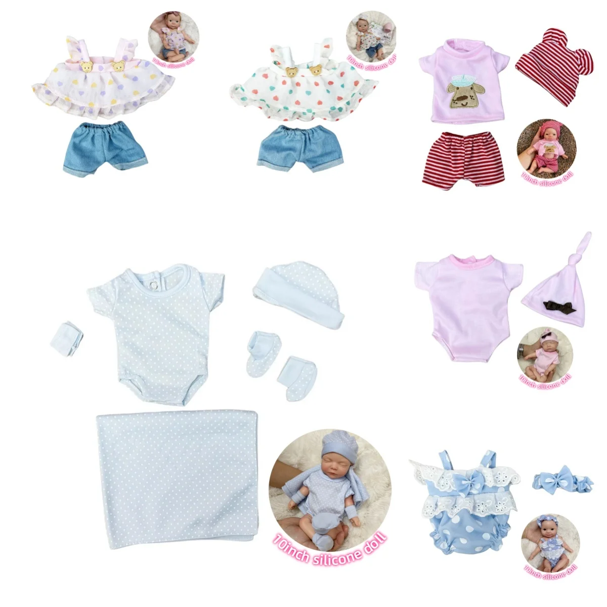Zestaw ubranek dla lalek typu baby doll, 6 stylów, pasuje do lalek Bebe Reborn o rozmiarze 10 cali, ręcznie robione stroje i akcesoria dla lalek.