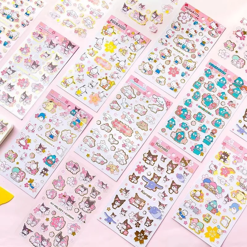 1/8pcs Cute Sanrio Cherry Blossom Sticker Gold Embossing Decorative My Melody Kuromi Hello Kitty DIY Girl Sticker Gift