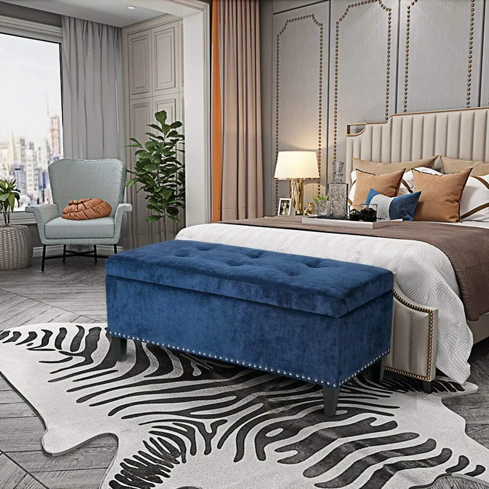 with Nailhead Trim for Bedroom (Royal Bl 41 Inches Storage Ottoman Bench,Microfiber Button Tufted Footstool Ottoman Bench
