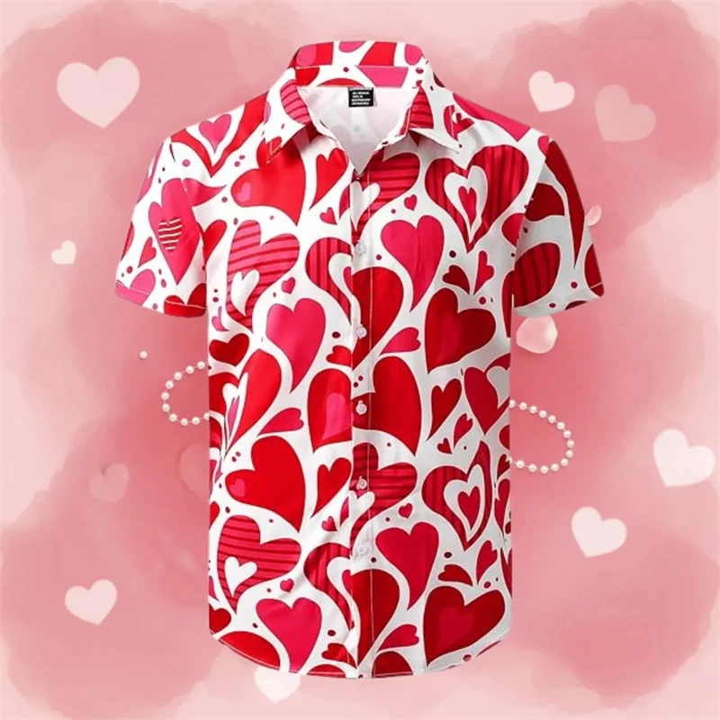 Couples Heart Print Red Hawaiian Shirt Men Women Loose Short Sleeve Button Up Shirts Love Vacation Summer Breathable Blouse 2026