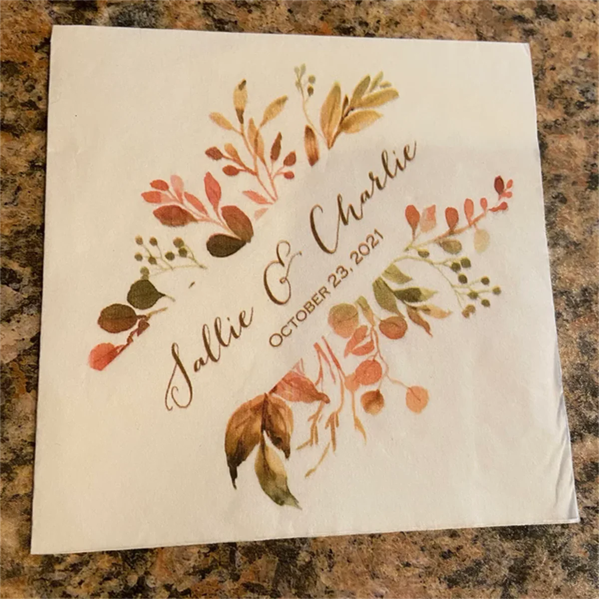 

Fall Foliage Wedding Cocktail Napkins Personalized, Paper Napkins, Autumn Watercolor 3 Ply Beverage Napkins, Luncheon Napkins Al