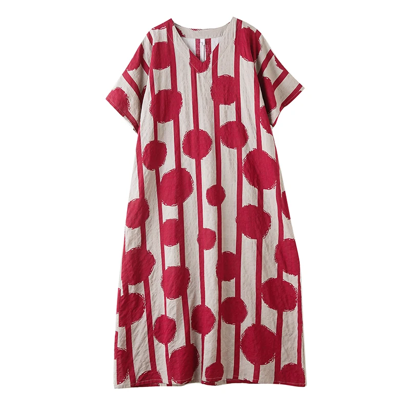Retro Floral raya punto algodón Lin suelto largo Dr mujer verano fino v-ne ort Sve Casual Sle talla grande Dr
