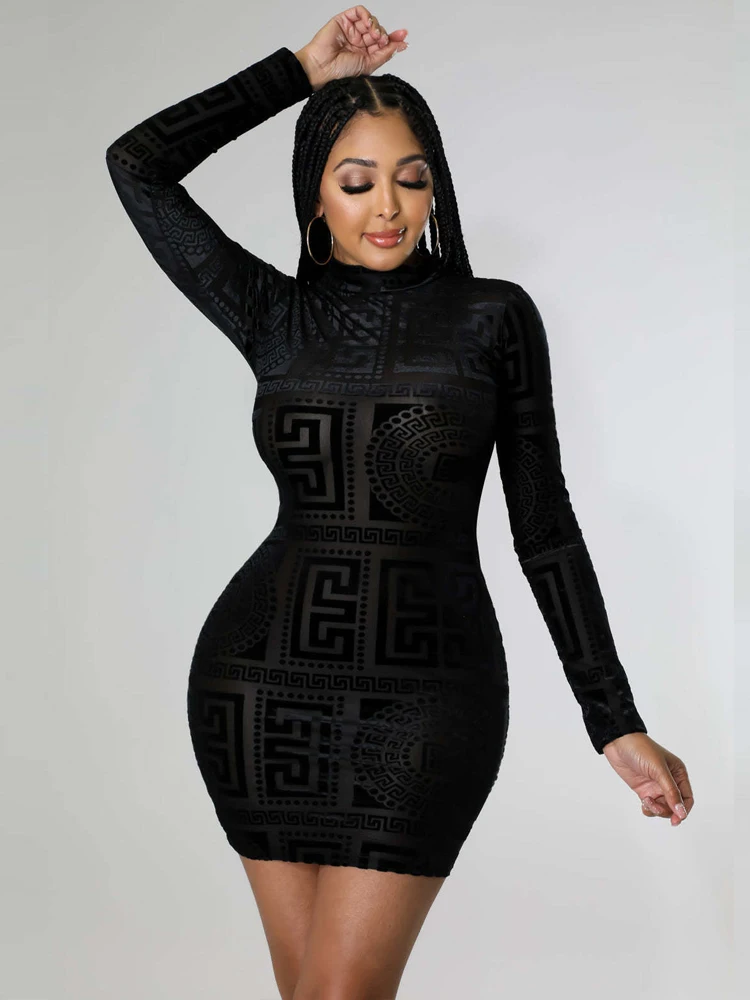 Women\'s long sleeved round neck dress with black high waisted flocked mesh patch zipper sexy and fashionable nightclub club club