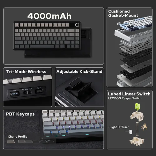 Imagen 2 del producto EPOMAKER X AULA F75 MAX Teclado mecánico inalámbrico compacto con diseño 75% ANSI con cable/Bluetooth/2,4 GHz con pantalla TFT y perilla