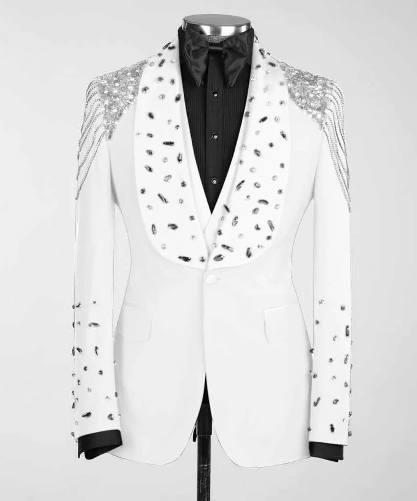 Luxurious Tailored Wedding Suits for Man 3 Pieces Blazer Pants Vest Shawl Rhinestone Chain Beading Modern Formal Customized