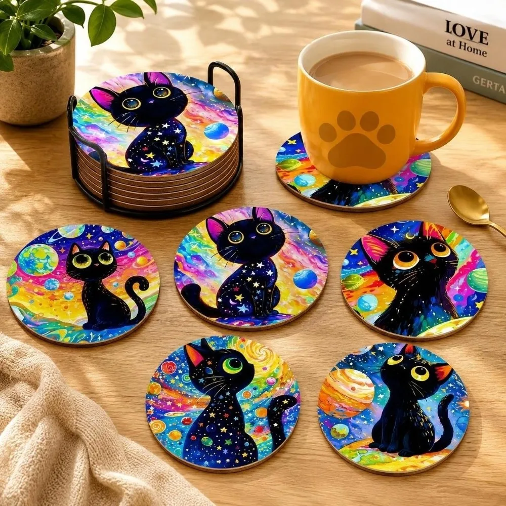 6 pcs Desk Decor Flower Wooden Coasters Cat Witch Puppy Design Mats Non Slip Devil's Eye Heat Resistant Coasters Office Use