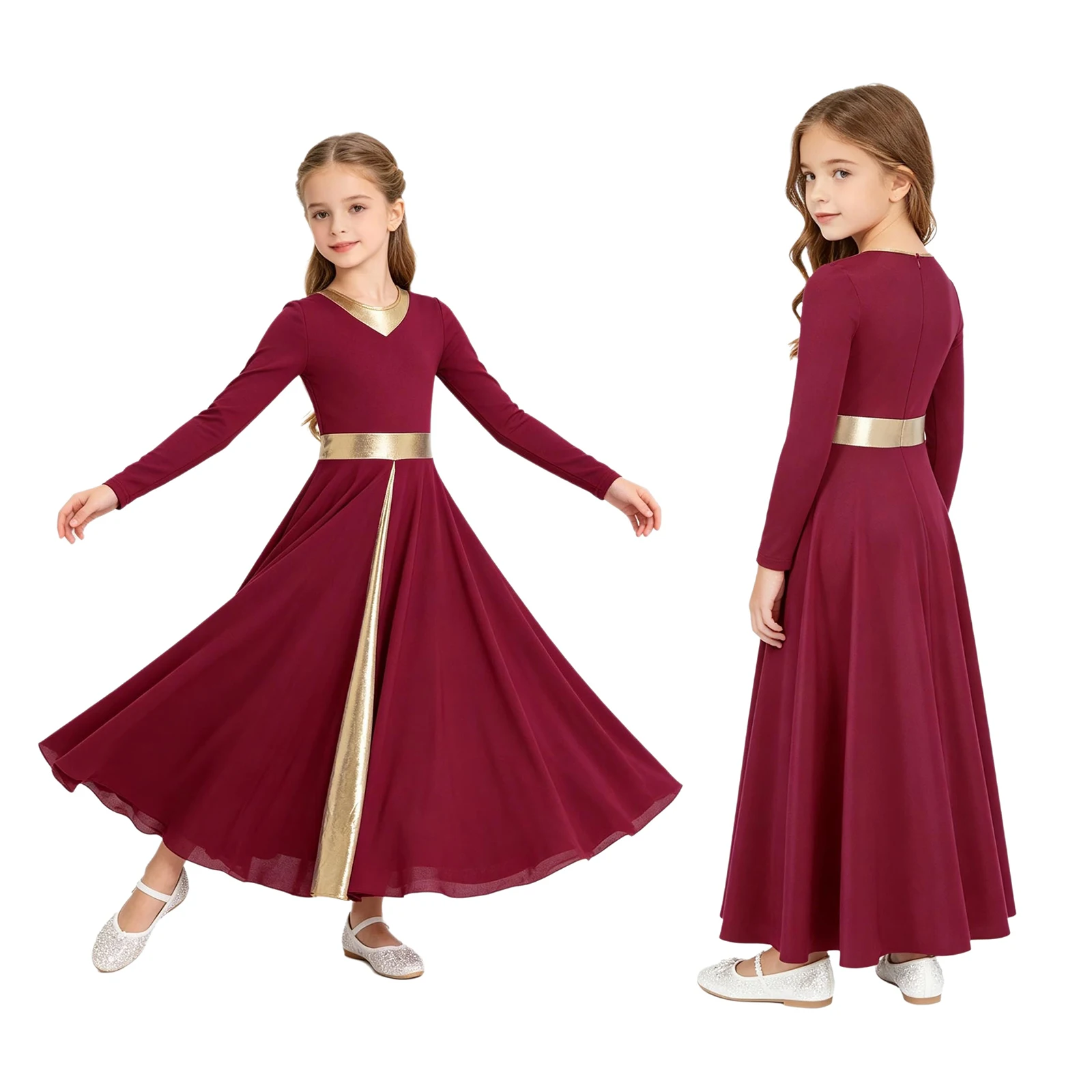 Children Girls Praise Lyrical Dance Dress Long Sleeve Zipper Metallic Color Block Liturgical Worship Church Choir Gown Robe