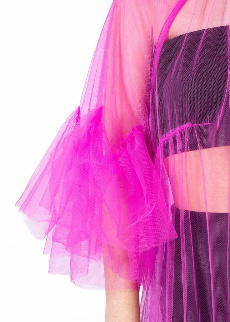 Elegant Maxi Sheer Dress Fuchsia Tulle Overlay Dress Sheer Women Outfit With Trumpet Sleeves Girls Tulle Dresses #3
