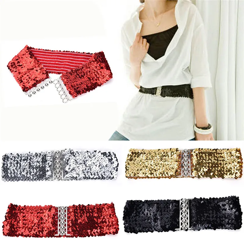 Bling Womens Rivet Sequins Elastic Stretch Wide Waist Belt Waistband Slim Casual