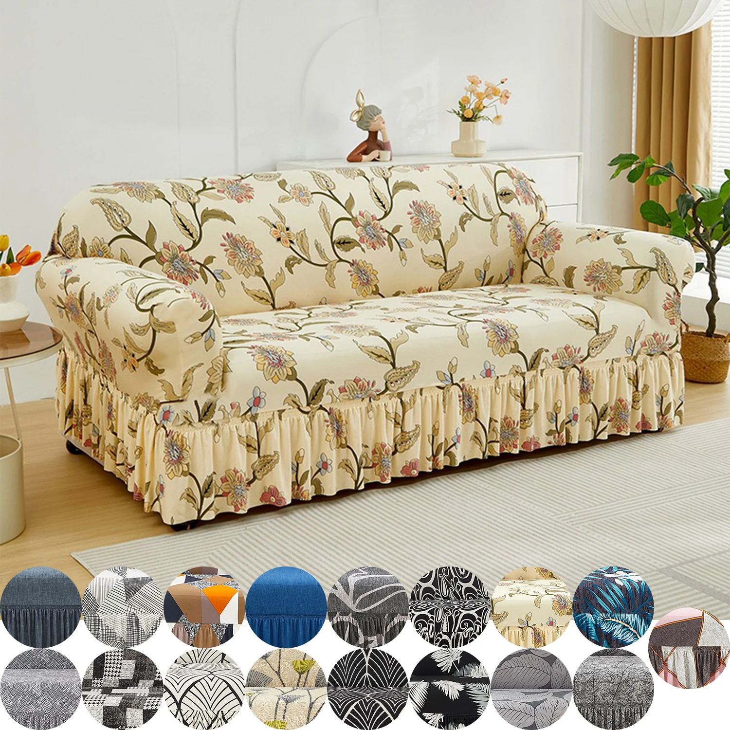 

New Living Room Printed Pleated Sofa Cover,Nordic Style Anti Slip Fabric Sofa Cover,Bedroom,Office, HomeDecoration Funda De Sofa