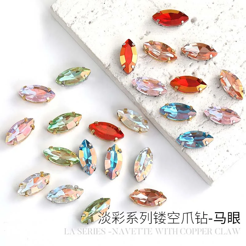 7x15mm 20pcs Eye Shape Glass Crystal Light Color Series Sew on Rhinestones, Hollow Out Copper Claw Base Clothing/Sewing Supplies