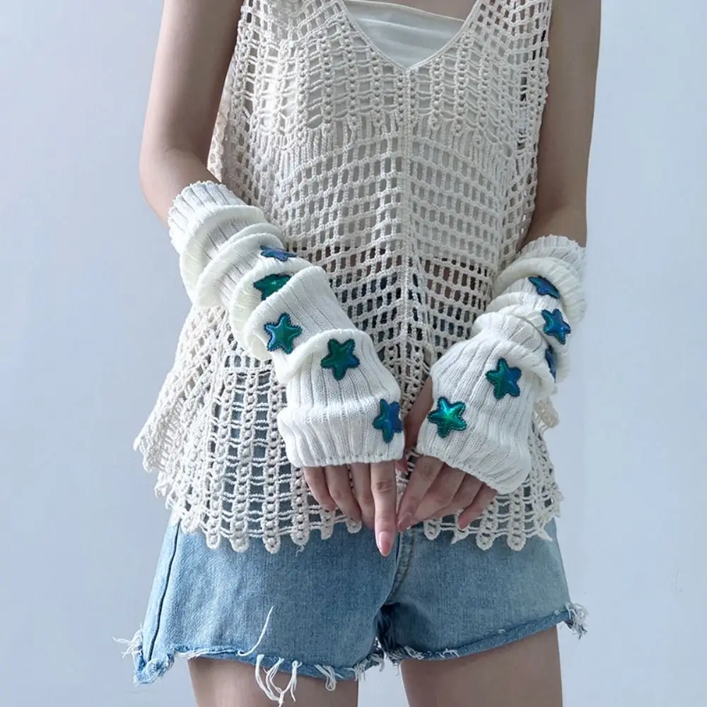 Cute Solid Color Star Knitted Gloves Gothic Y2k Arm Warmers Thermal Hand Sleeve Wool Sleeve Cuff Winter