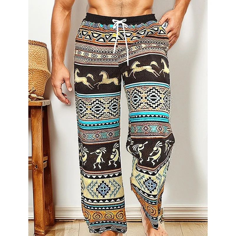 

Men's Ethnic Style 3D Printed Trousers Loose Casual Pants Retro Tribal Holiday Beachwear Drawstring Elastic Waist Wide Leg Pants