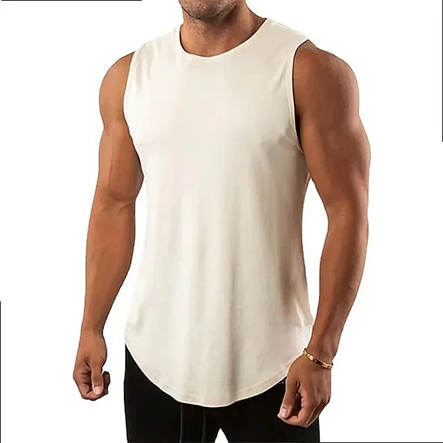 Men's Sleeveless Tank Top Fitness Gym Vest Cotton Workout Running Shirt Muscle Tee Plain Black White Athletic Training Tops