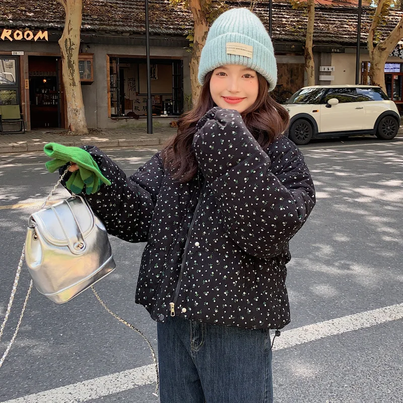 

Floral Short Parkas Women Vintage Print Down Coats Winter Korean Cropped Puffer Jacket Thicken Warm Cotton Padded Outerwears New