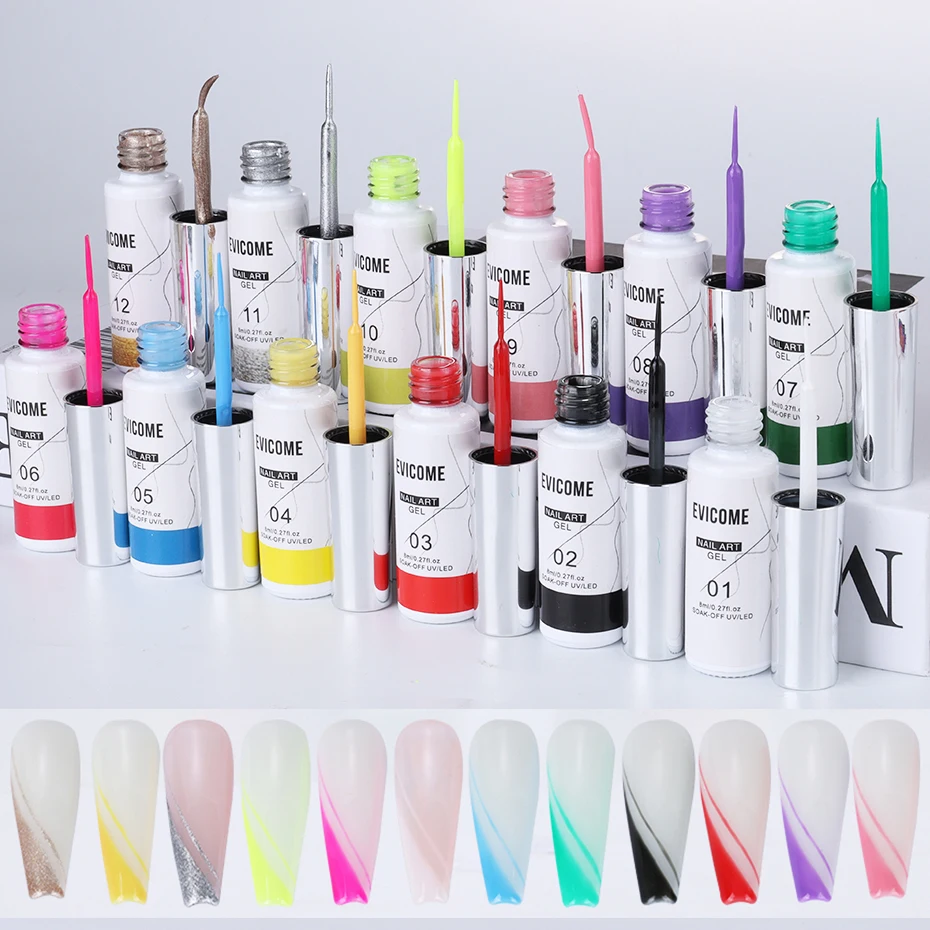 12 Colors Liner Gel Nail Polish Kits Drawing Stripe Graffiti Gel Nail Polish French UV Gel Gold Silver DIY Manicure Varnish Tool