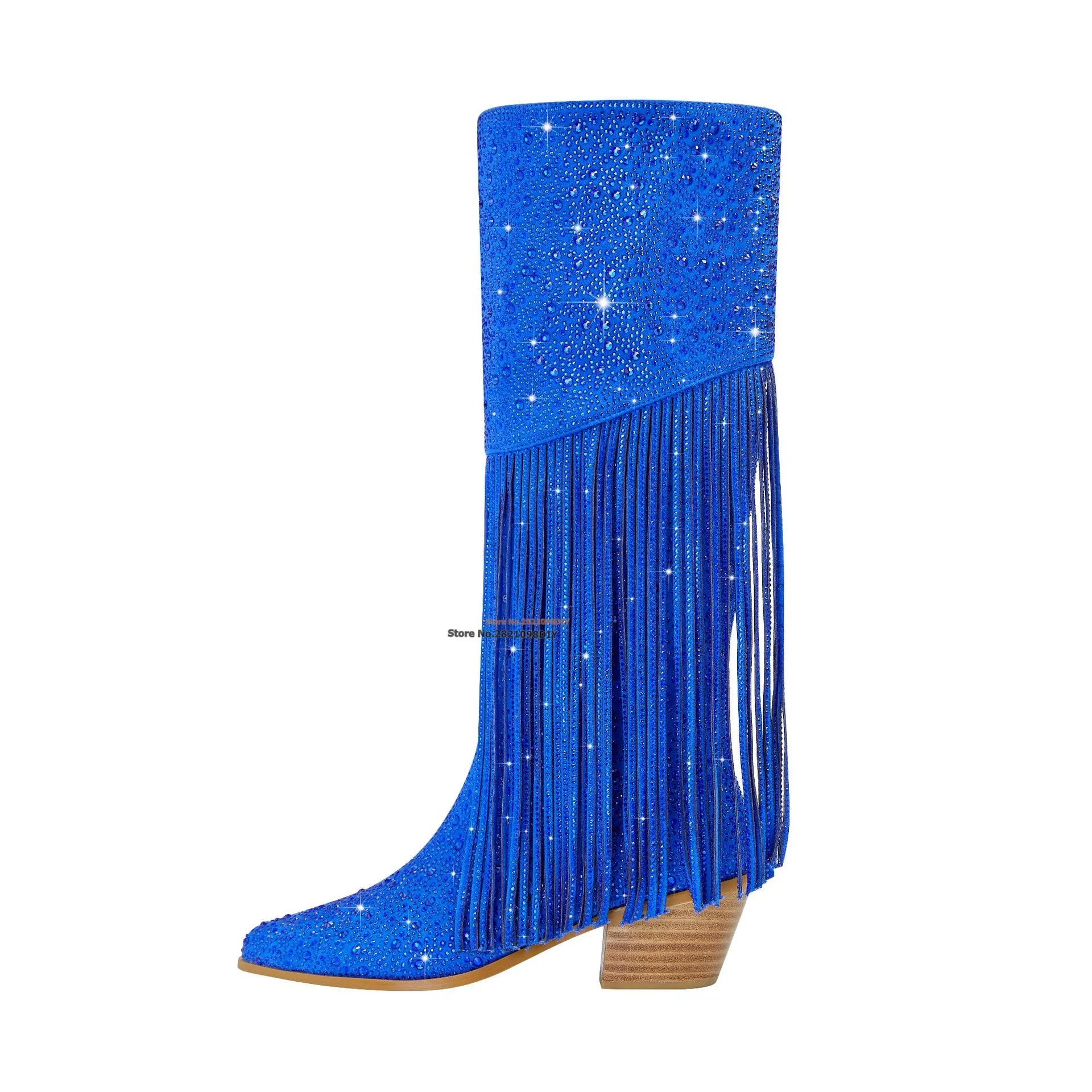 

Blue Orange Bling Bling Crystal Tassel Knight Boots Mid Heeled Knee High Boot Women Round Toe Rhinestone Long Boots Prom Shoes