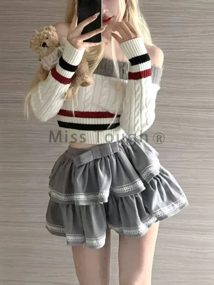 Retro College Style Gray Knit 2 Piece Set Women Sweet High Street Skirts Sets Female Off Shoulder Sweater + Bow Mini Skirt Suit