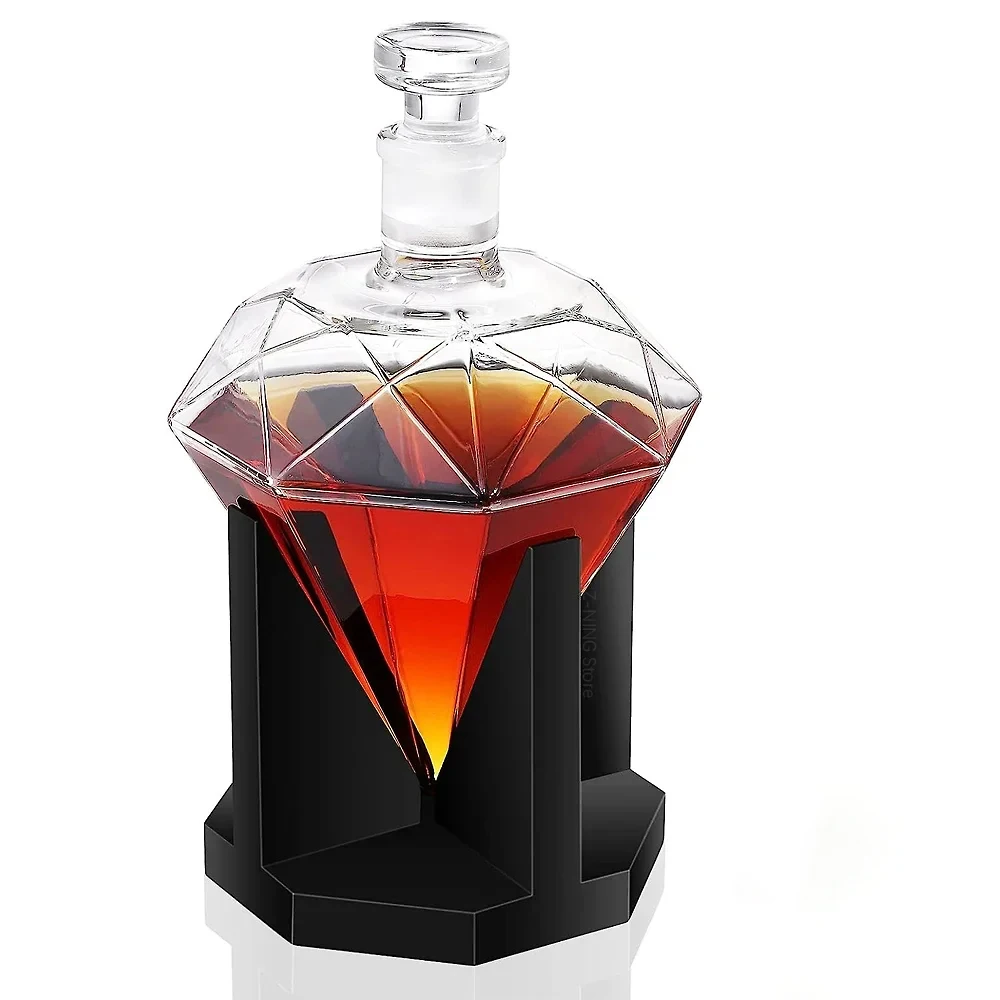 850ml High Grade Decanter Glass Diamond Wine Bottle with Wooden Holder Airtight Stopper Suitable for All Kinds of Alcohol Gift