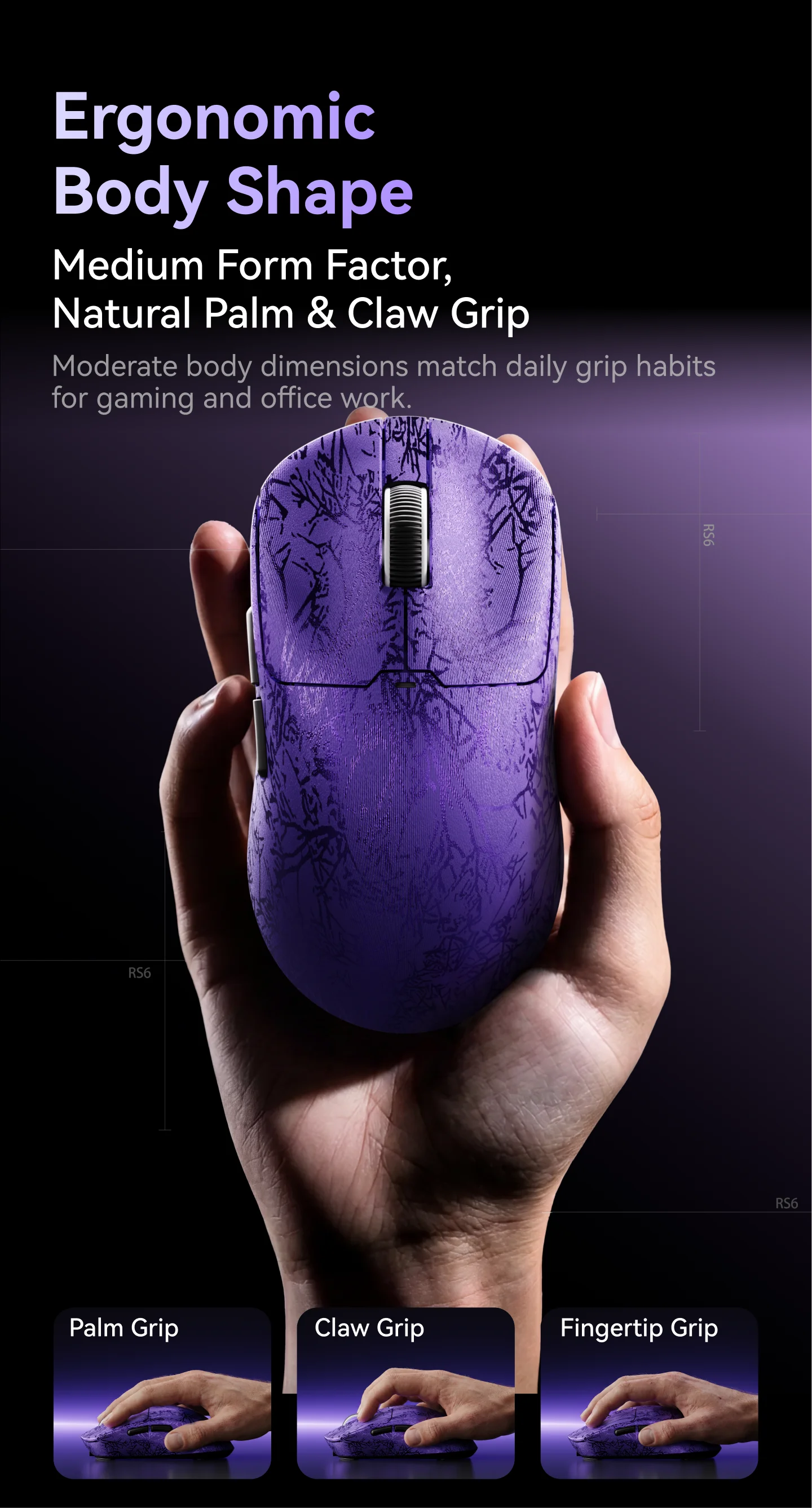 SMAILWOLF RS6 Bluetooth Gaming-Maus PAW3311 2.4G Kabellose E-Sport-Maus, Wiederaufladbar, Leicht, Ergonomisch – Detail 9