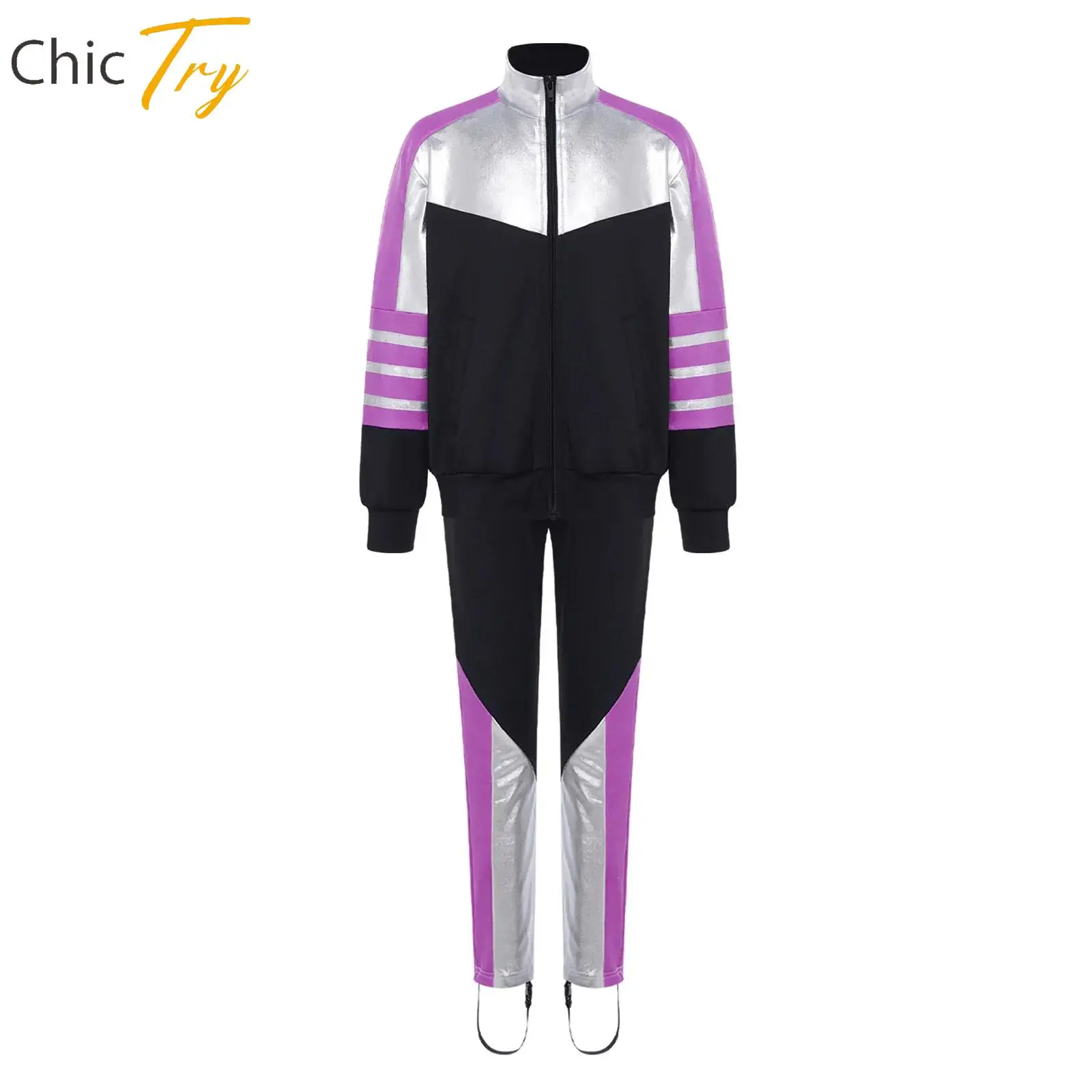 

Kids Boys Figure Ice Skating Training Outfit Long Sleeve Fleece-Lined Jacket with Pants for Practice Stage Performance Dancewear