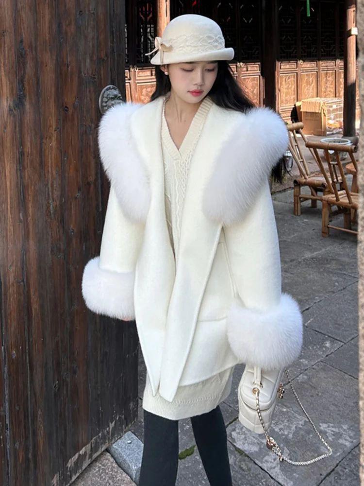 2025年冬 レディース 暖かい本物の天然フォックスファーコート 100%ウール ウールカシミヤ フード付きジャケット 高級厚手女性用コート