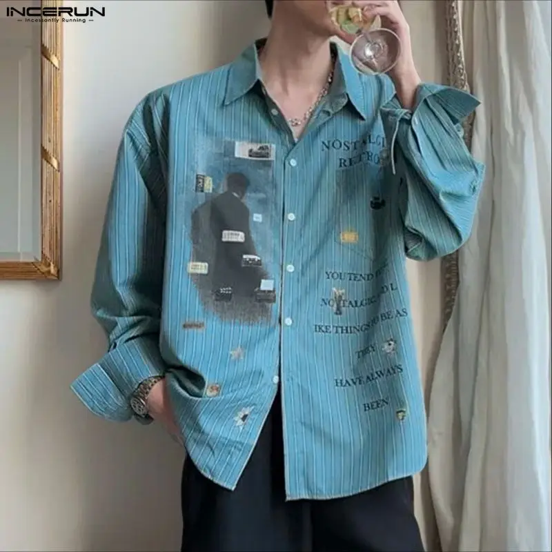 

INCERUN Men Shirt Striped Printing Lapel Long Sleeve Button Men Clothing Streetwear Loose Fashion Casual Tops Male Shirts S-5XL