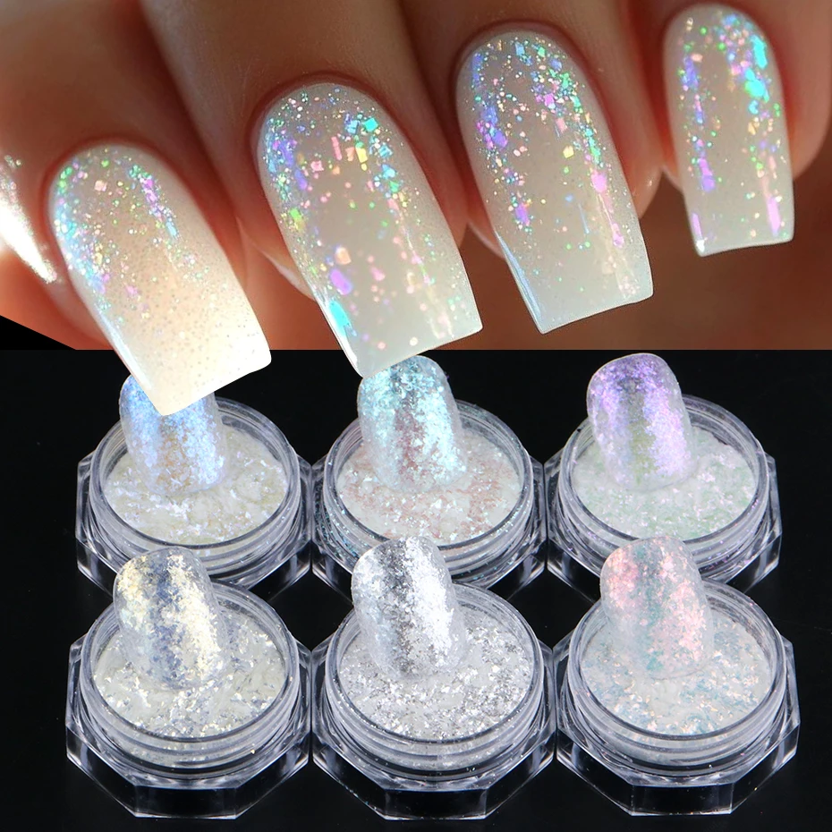 6 piezas de polvo iridiscente para uñas con escamas de ópalo, polvo holográfico de cristal de diamante, purpurina para uñas, polvo decorativo de brocado con efecto aurora arcoíris y nube