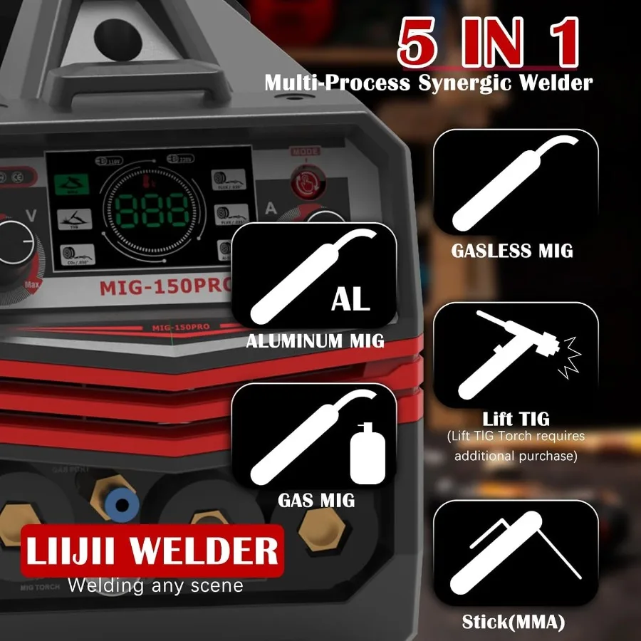 5 in 1 Multiprocess Welding Machine with Pulse 150A Dual Voltage 110 220V Aluminum MIG Gas MIG Gasless Flux Core MIG Lift TIG S