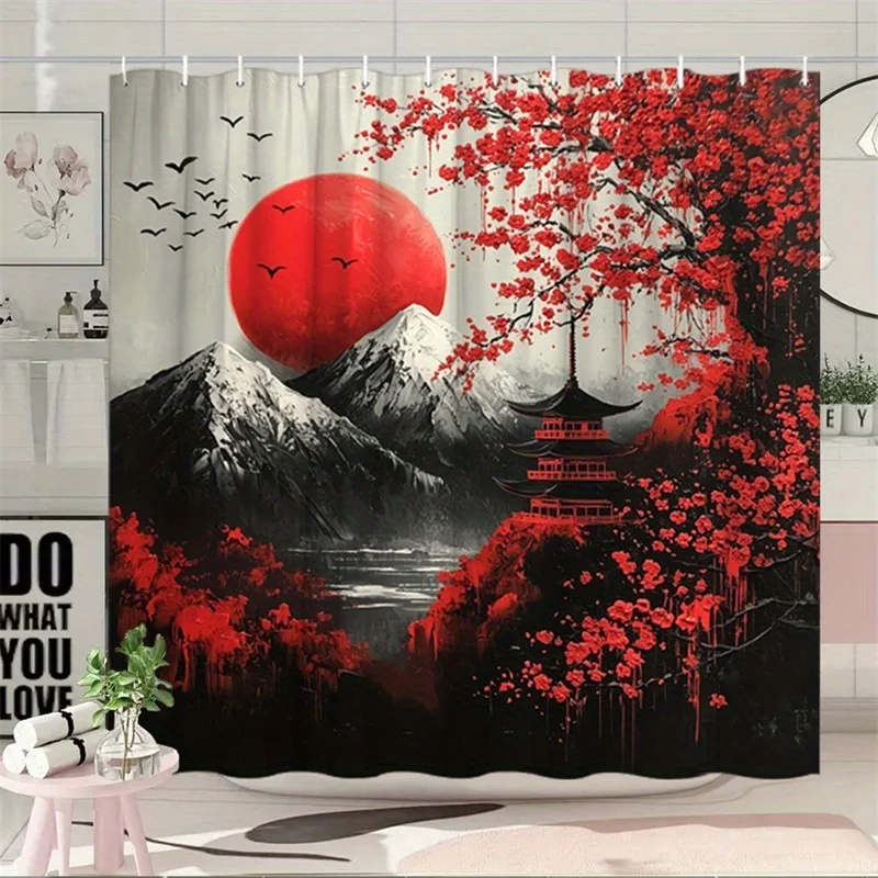 1pc Asian Landscape Shower Curtain - Red Pagoda, Cherry Blossoms & Black White Mountain Design with Dramatic Sun, Modern Printed