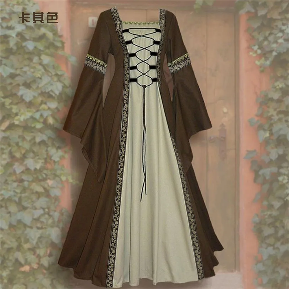 Bell Sleeve Long Sleeve a Line Sexy Dress with Patchwork Maxi Length Retro Square Neck Literary Retro Long Dress for Women - view 3