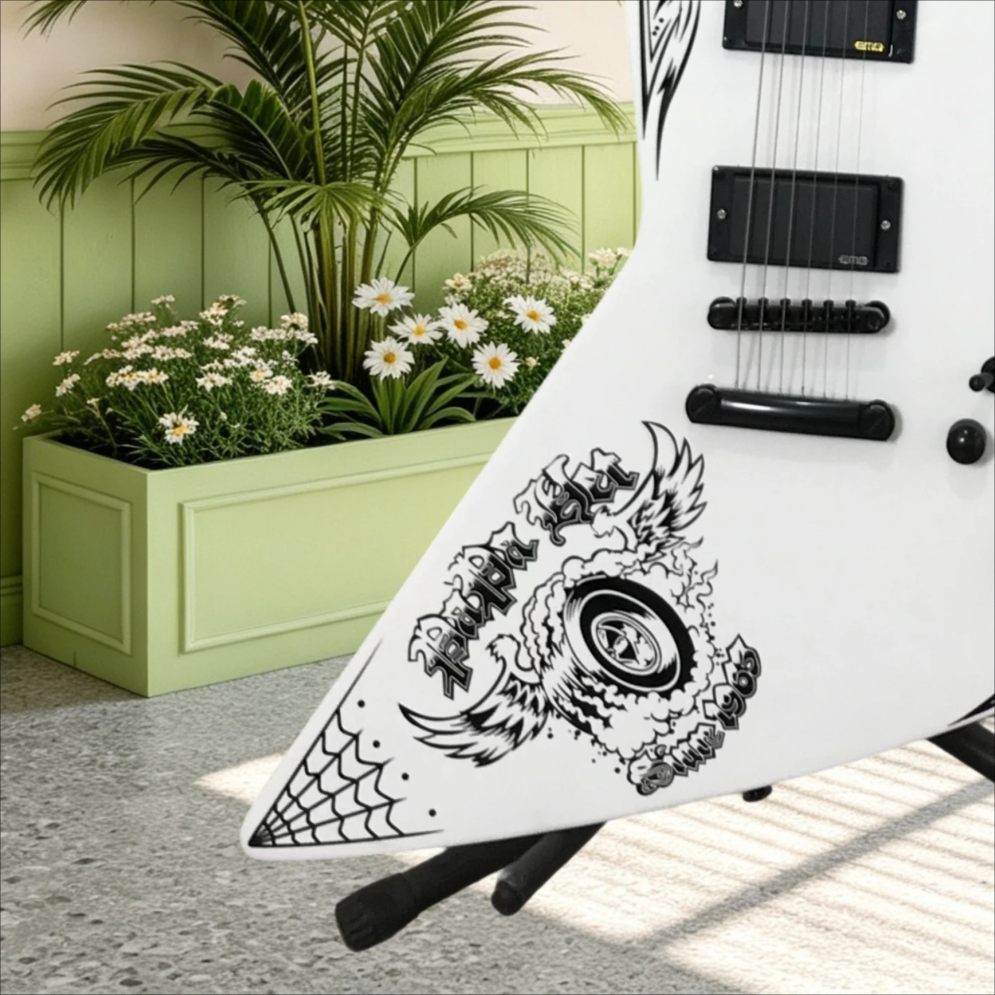 E V White Graphic Electric Guitar Star Moon Inlay Dual Closed Pickups Heavy Metal Hard Rock Rehearsal Recording Free Shipping