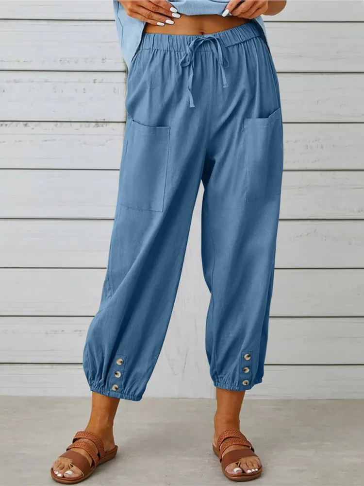 

Cotton Linen Harem Pants Women Casual Elastic High Waist Lace Up Loose Ankle Trousers Vintage Harajuku Wide Leg Straight Pants