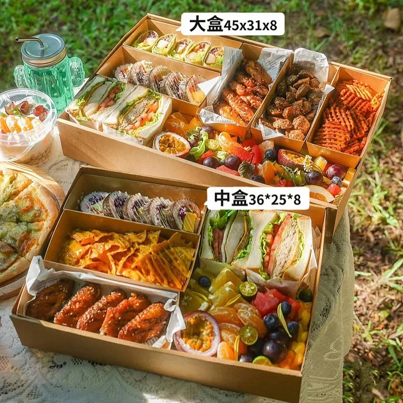 50Pcs Kraft Paper Afternoon Tea Picnic Box Spring Outing Food Tiramisu Box Bento Packing Box Christmas Gift Boxes Window Display