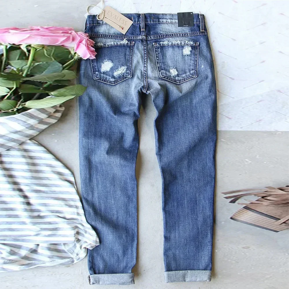 Hole Jeans Women Ripped Straight Pants Mid Waist Washed Distressed Halloween Print Ankle Length Trousers  Streetwear Denims