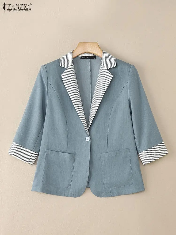 

ZANZEA Women Striped Contrast Blazer Lapel Collar Three Quarter Sleeve Button Up Suit Jackets 2025 Fall Elegant Office Commuting