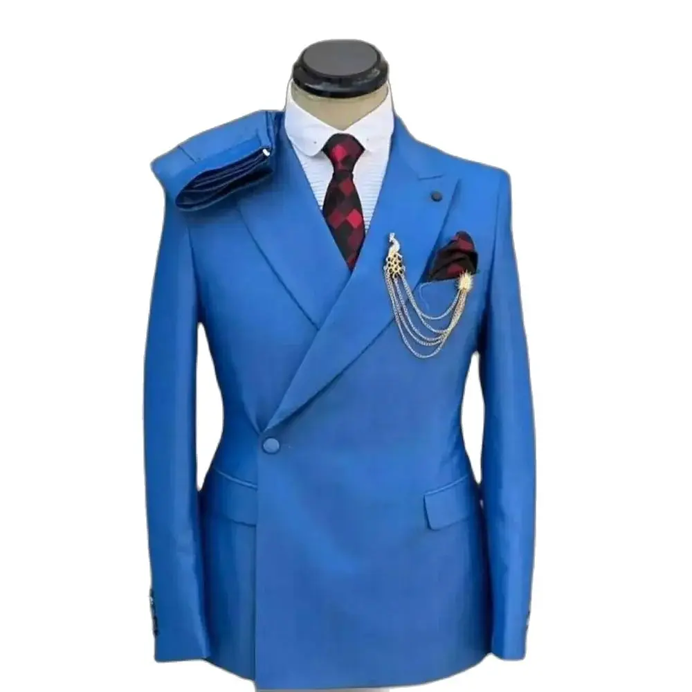 One Button Flat Front Blue Men Suits Elegant Formal Prom Party Costume Homme 2 Piece Jacket Pants Male Clothing Blazer Terno