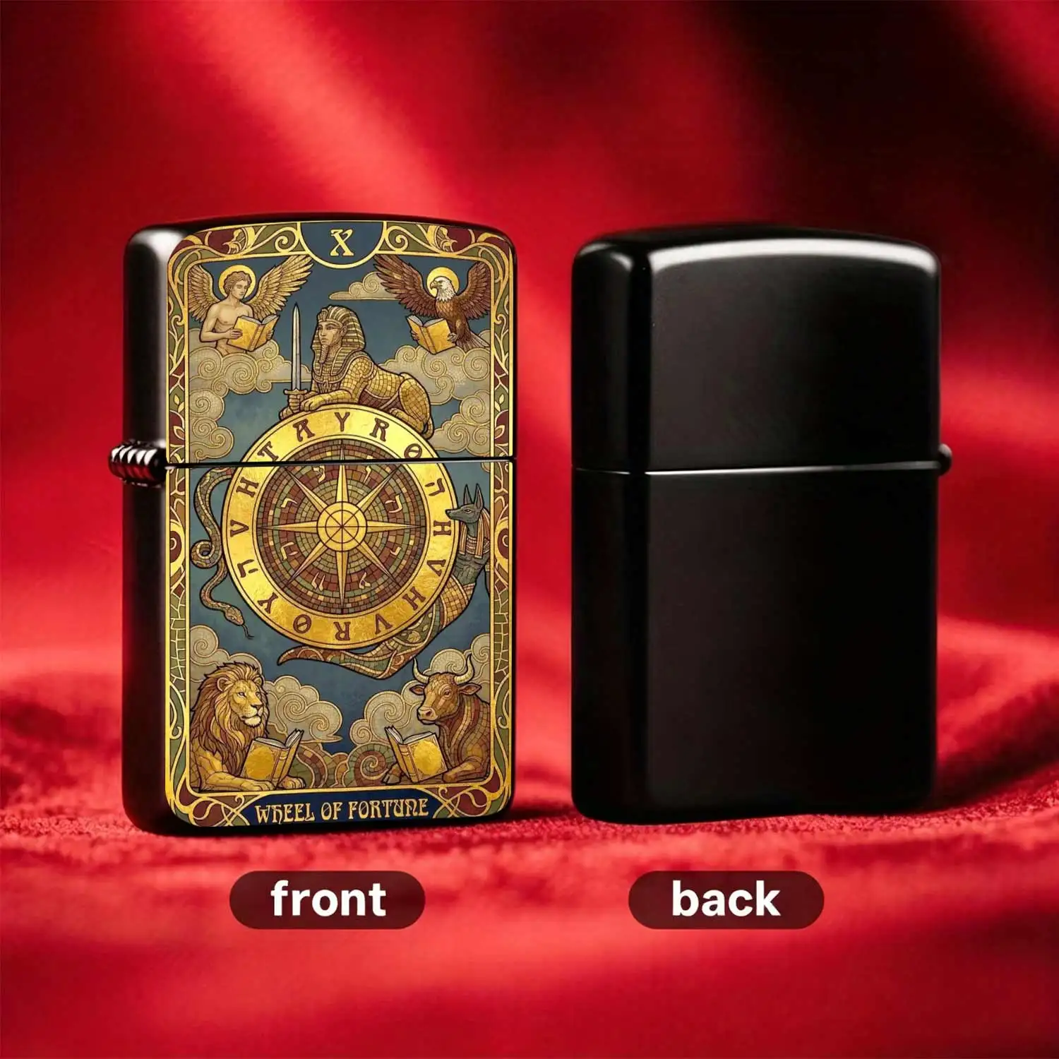 Reusable Flip-top Pocket Windproof Lighter, Tarot Wheel of Fortune Themed Creative Lighter, Embossed Texture Design with Ancient Egyptian Elements, Portable Retro Personalized & Gift Ideal