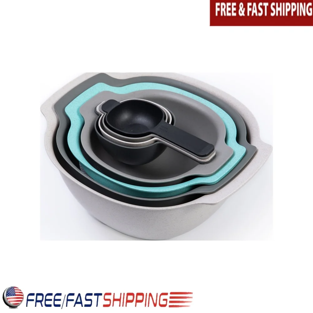 

8pcs Plastic Bowl Set with Wheat Fiber Mixing Bowls Colander Strainer Measuring Cups Lightweight Durable Nested Kitchen