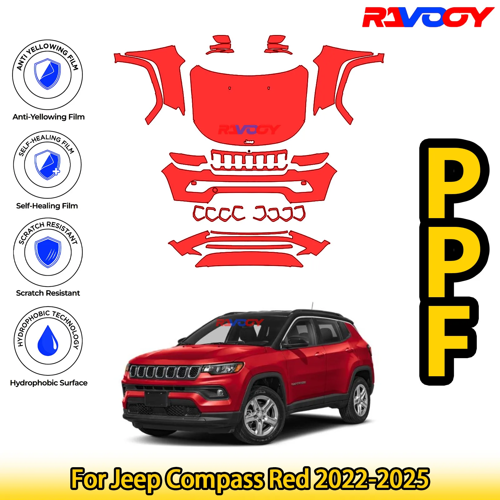 

Для Jeep Compass Red 2022-2025 глянцевая матовая черная предварительно вырезанная передняя защитная пленка PPF Kit