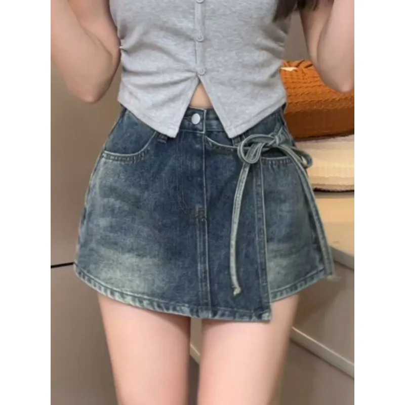 

Women's High Waist Denim Mini Skirt With Tie Detail Wrap Design