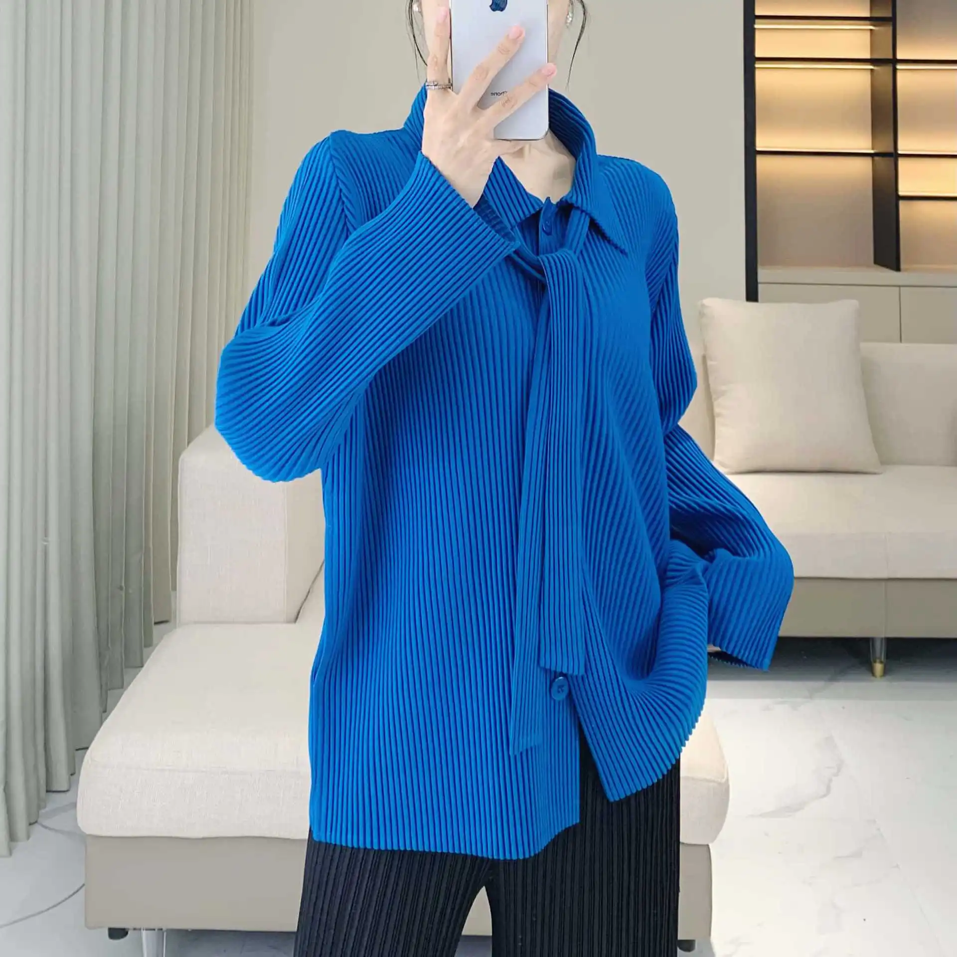 Pleats Pleated Jacket Fashion Personalized Design Shirt Mid-length Jacket Casual Temperament 2024 Fall New Tops Women Clothing