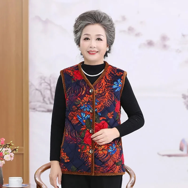 5XL Middle-aged Mother Vest Autumn Winter New Printed Fleece Vest Coat Female Sleeveless Jacket Grandma Thicken Warm Waistcoat