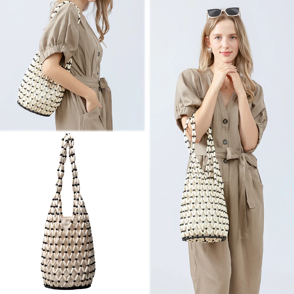 Wooden Bead Bucket Shoulder Bag for Holiday Travels Date Handmade Beaded Shoulder Bag Casual Beach Handbag for Women image 2