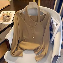 Camiseta irregular monocromática com decote em O feminino de manga comprida, roupa feminina, elegante patchwork, pulôver, subpêlo, tops da moda, primavera