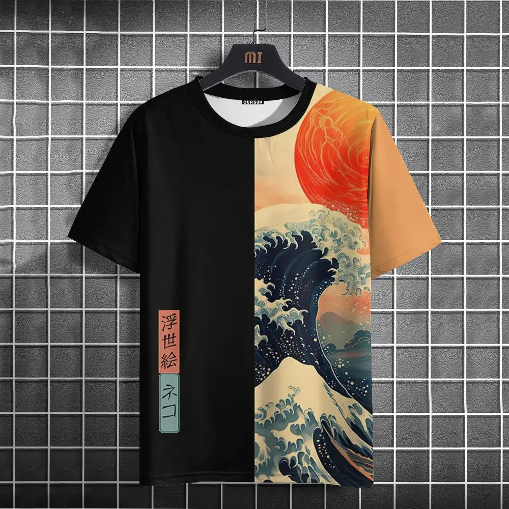 Japanese Style Men\'s T-Shirt Ukiyo-e Sea Wave Pattern Printing T-Shirts Casual Loose Short Sleeve Tee Oversized Men Clothing Top