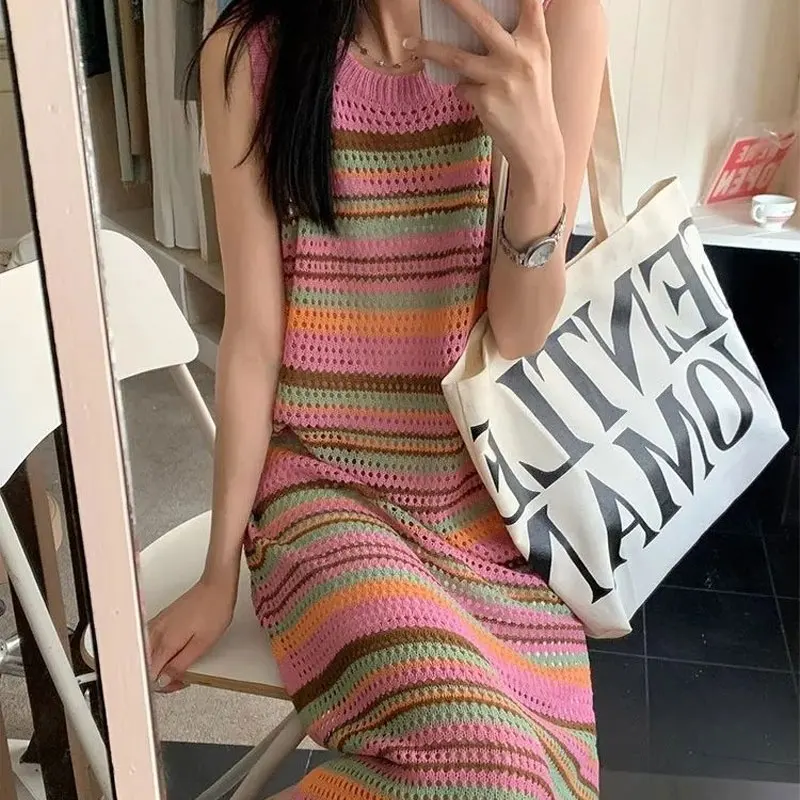 

Contrasting Colors Striped Dresses Female Clothing Vintage Spliced Summer O-Neck Casual Sleeveless Straight Knitted Long Dress