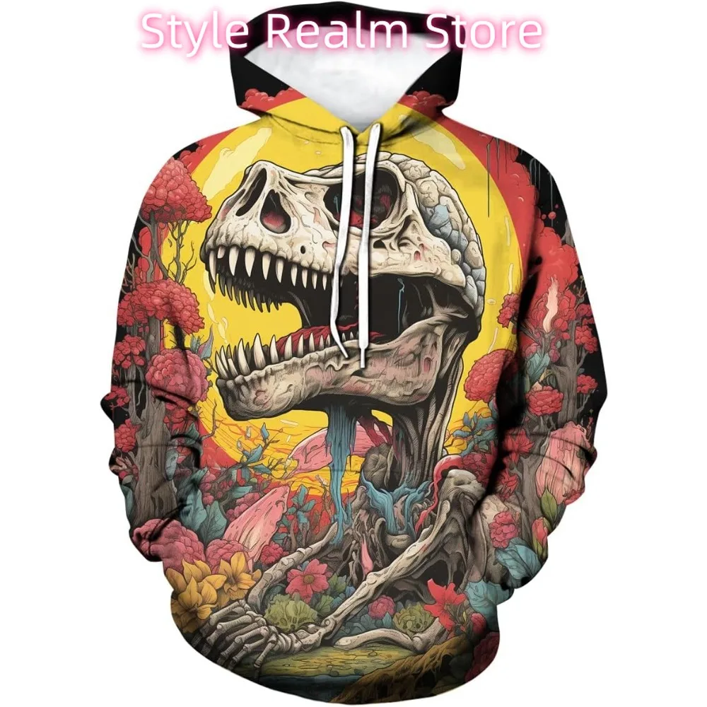 الرجال الجدة ديناصور هوديي 3D الجمجمة نمط تريبي طويلة الأكمام البلوز هوديس