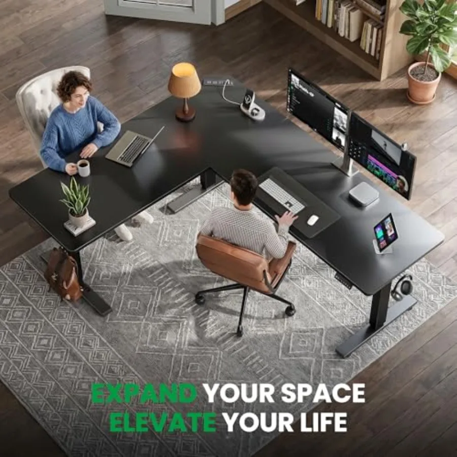 L-Shaped Standing Desk with Charging Station for Home Office, Steel Frame, Matte Black, Height-Adjustable and Cable Management