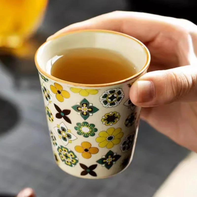 Ru Kiln Ceramic Tea Cup Auspicious Flower Design Personal Master Cup Gongfu Tea Ware Collection Gift for Home Use